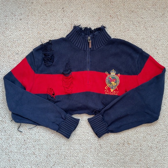 Ralph Lauren Navy and Red Knit Striped Sweater Cotton size M Quarter Zip - Picture 6 of 7